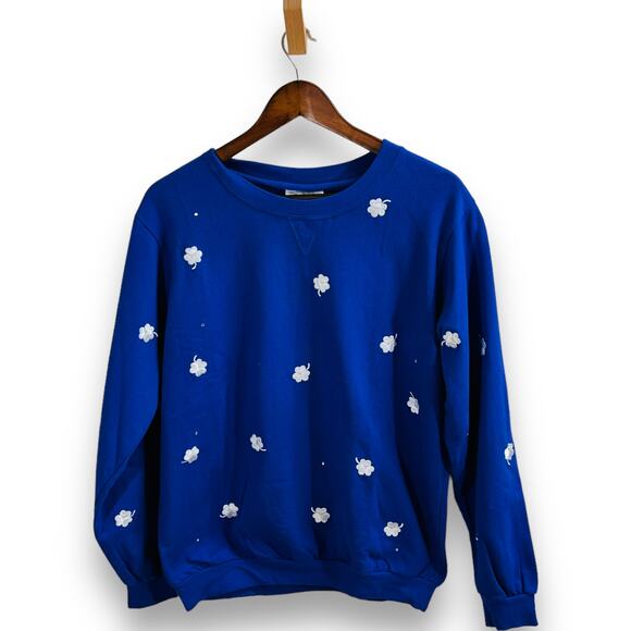 Quacker Factory Blue Shamrock Clover Pullover St Patricks Day Sweatshirt Small - Picture 2 of 9